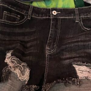 Distressed Black Denim Shorts